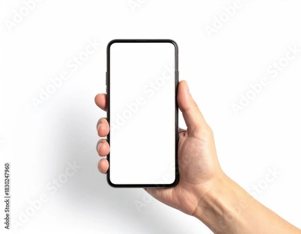 Obraz Hand holding a blank smartphone against a white backdrop