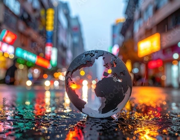 Obraz Globe reflects city lights on wet street
