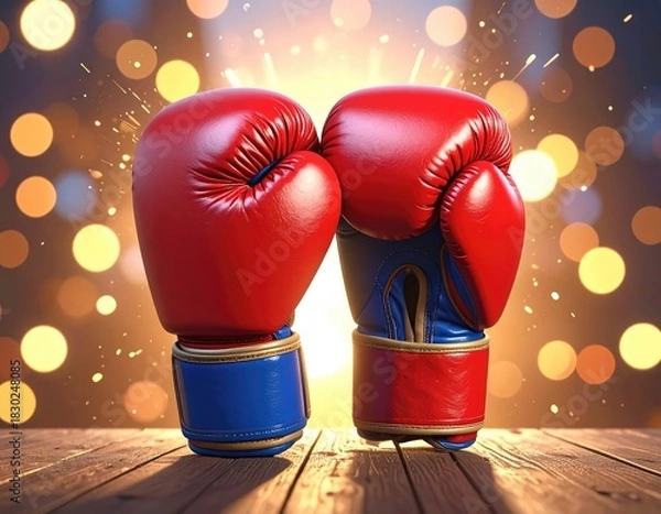 Obraz Boxing gloves touch atop wooden stage