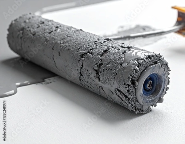 Obraz Paint roller, gray paint, on white surface, close-up
