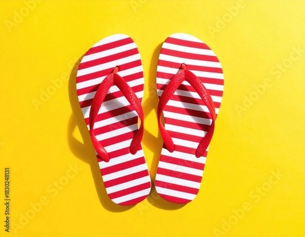 Obraz Striped flip-flops cast sharp shadows on bright yellow