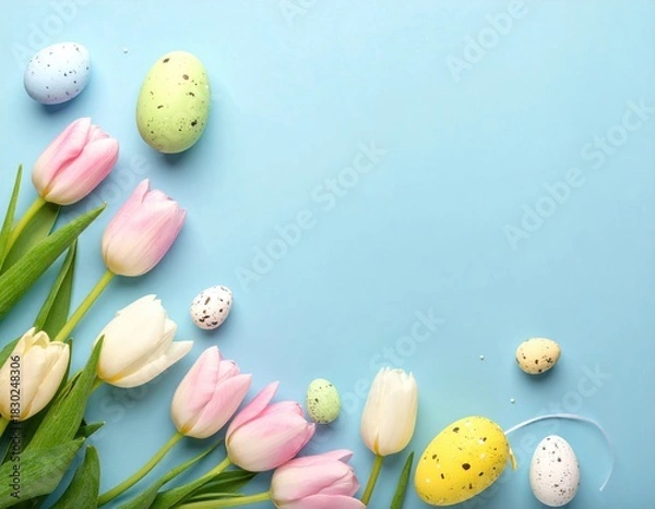 Obraz Pastel Easter Tulips & speckled eggs on light blue backdrop