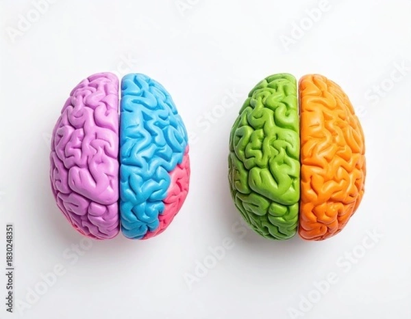 Obraz Two multi-colored model brains on a plain background