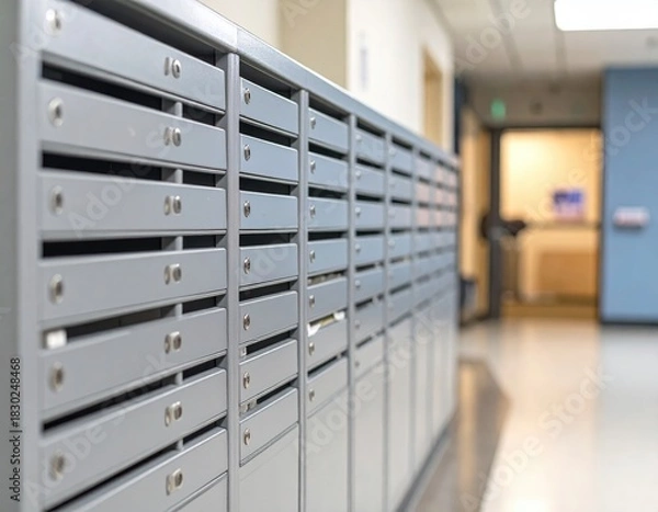 Obraz Grey metal mailboxes line corridor; blurred background