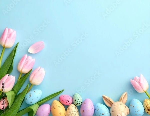 Obraz Easter scene tulips, eggs, bunny on light blue