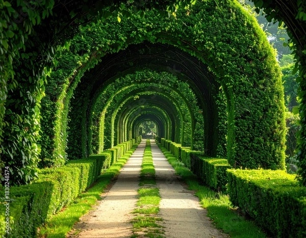 Obraz Arched green hedge tunnel over a path