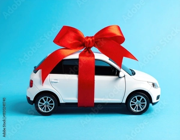 Obraz White car with big red bow, blue background