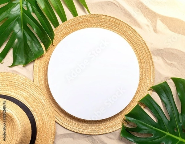 Obraz Round blank, hat, & leaves on beach sand, overhead view