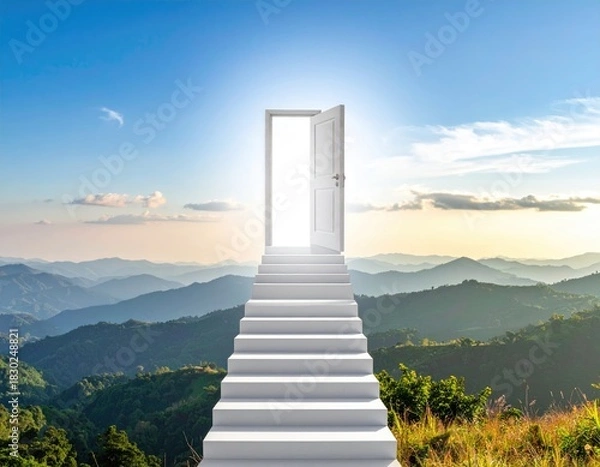 Obraz Stairway leads to a bright doorway over scenic mountains