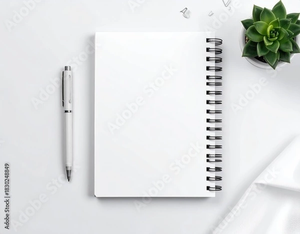 Obraz Clean, white workspace w/ plant, notebook, and pen