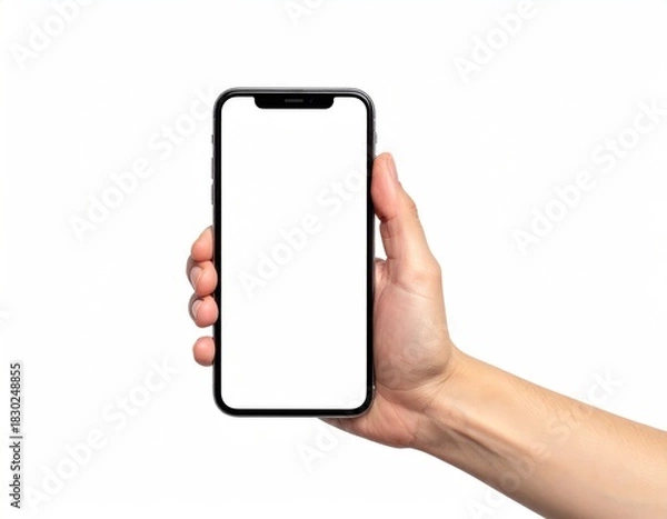 Obraz Hand holding phone, screen white, isolated