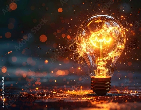 Obraz Glowing filament bulb; sparks fly against dark backdrop