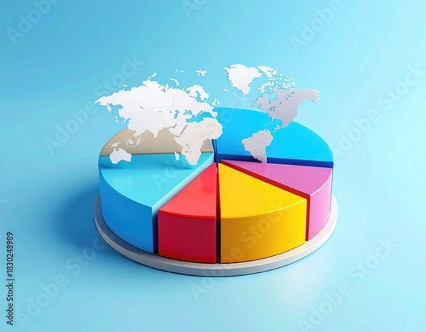 Obraz Colorful pie chart with world map against blue background