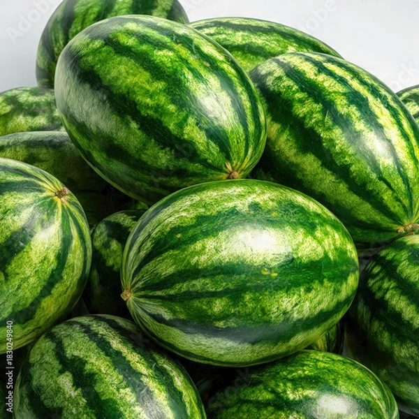 Obraz A stack of large watermelons with bold green color and detailed rind texture. Perfect for organic market branding, nutrition themes, and seasonal food photography.