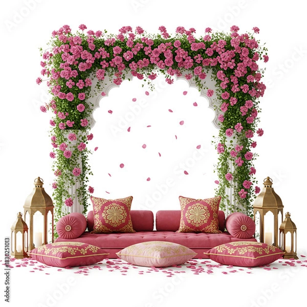 Fototapeta Pink Rose Arch with Pink Sofa and Gold Lanterns and Petals wedding floral isolated on a transparent background