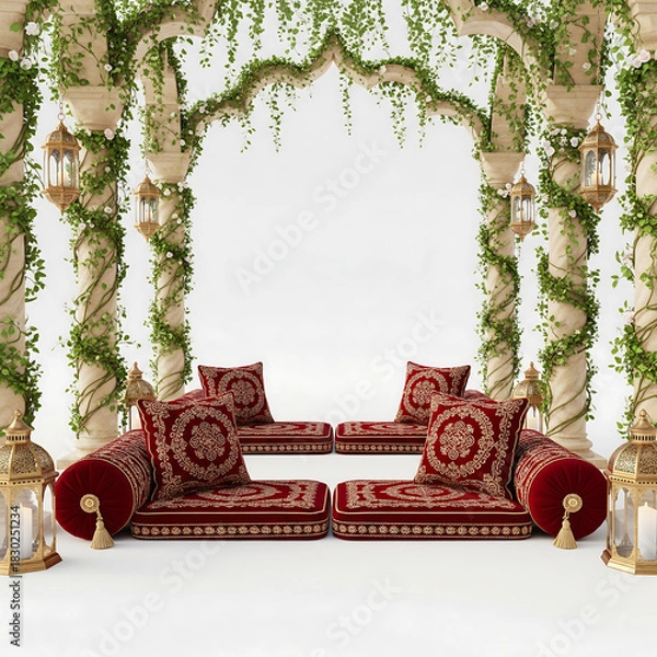 Fototapeta Red and gold ornate seating area under a floral arch with lanterns red seating white background isolated on a transparent background