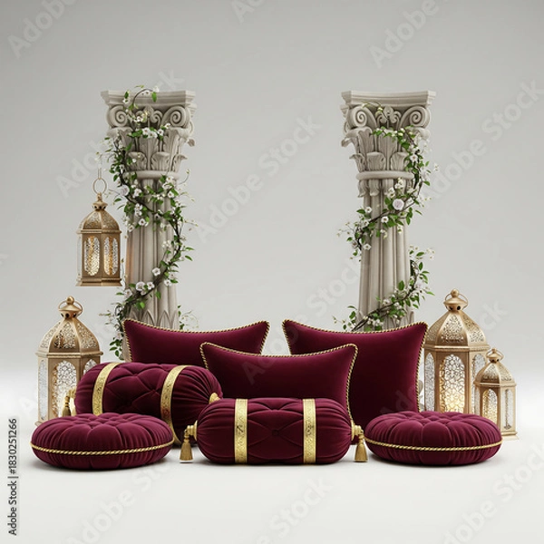 Fototapeta Ornate Pillars with Burgundy Cushions and Golden Lanterns graphic design isolated on a transparent background