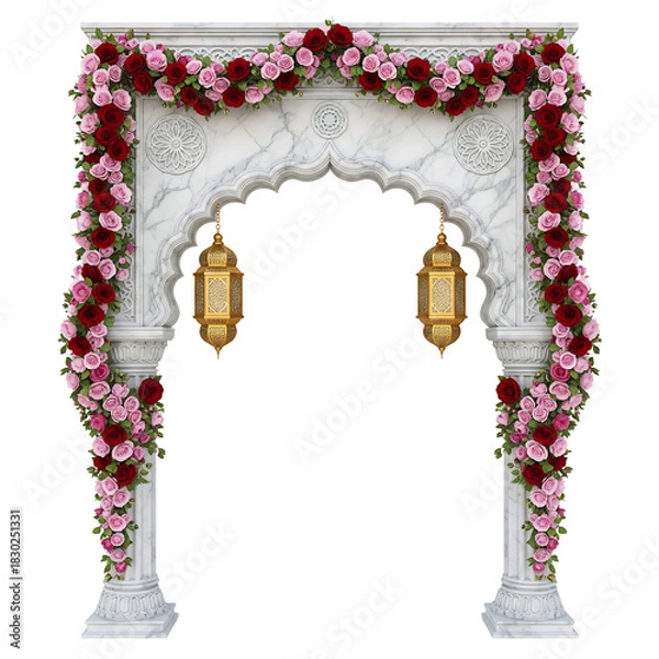 Fototapeta White Marble Archway with Roses and Lanterns on White Background wedding floral isolated on a transparent background