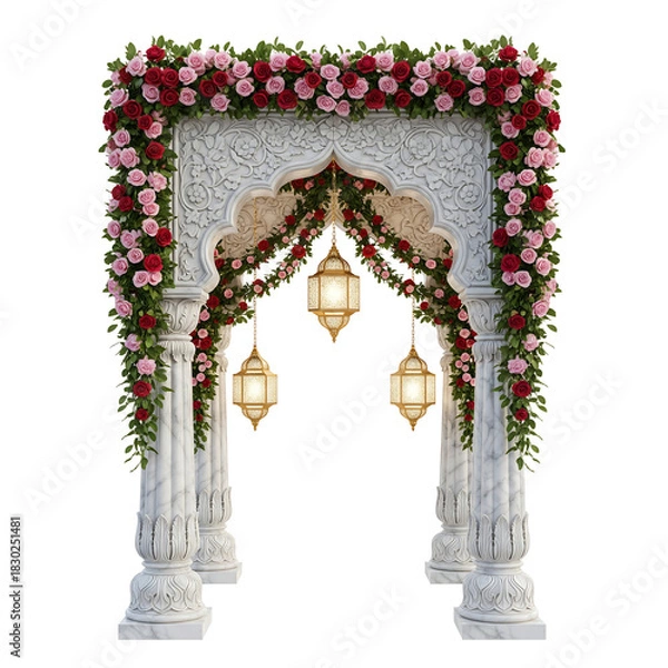 Fototapeta White Wedding Archway with Red and Pink Roses and Hanging Lanterns floral decoration isolated on a transparent background