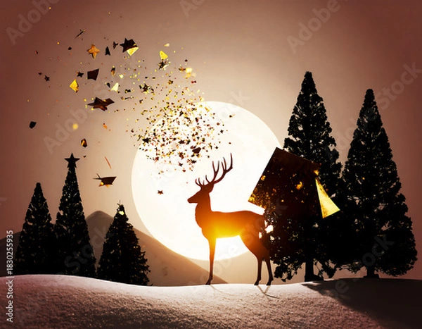 Fototapeta 雪原に立つトナカイのシルエットと、巨大な満月。金色の破片が夜明けのように舞い上がる、幻想的な冬の夜空。