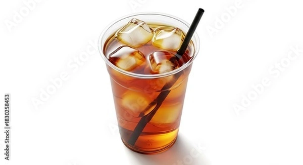 Fototapeta Refreshing Iced Tea in a Clear Plastic Cup with Ice and Straw on White Background