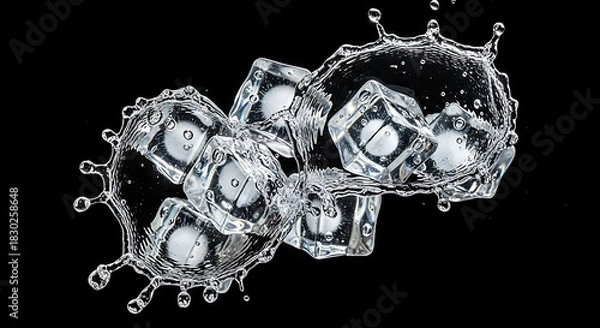 Fototapeta Dynamic splash of clear ice cubes creating refreshing ripples in water on a dark background
