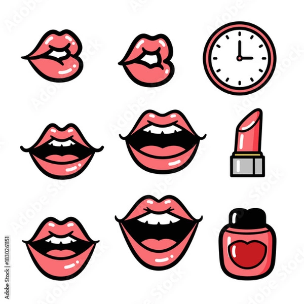 Obraz Cartoon lips, mustache, lipstick and clock vector