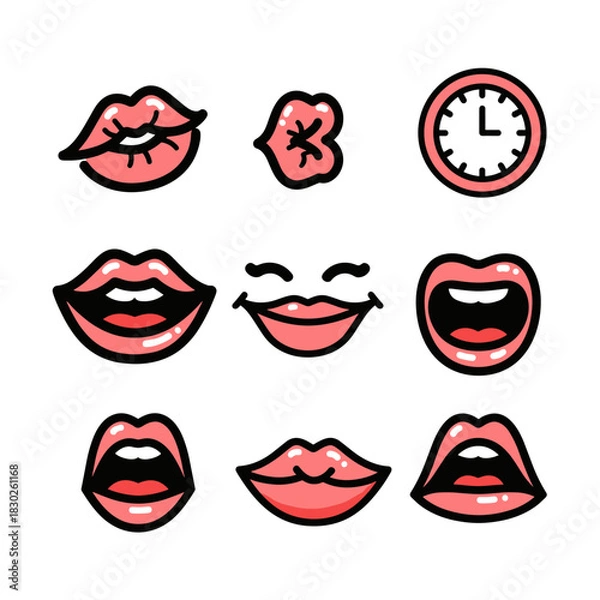 Obraz Cartoon lips and face expression icons with clock