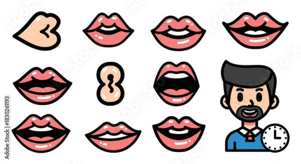 Obraz Lips and face expression icons with male avatar