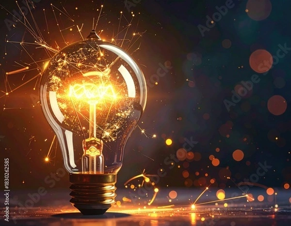 Fototapeta Illuminated bulb emits golden rays, dots