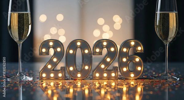 Fototapeta Illustration of illuminated marquee number 2026 with champagne glasses for new year celebration