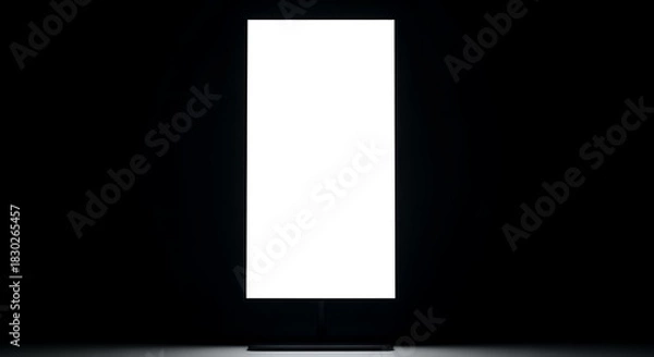 Fototapeta Empty white rectangle screen on dark background, representing digital display or presentation surface. Isolated vertical view, space for content, modern simplicity