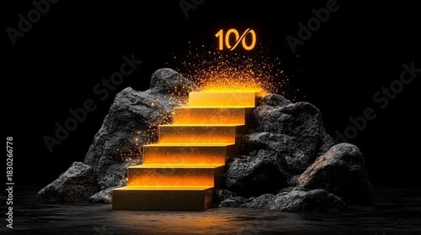 Fototapeta successful goal planning productivity concept Staircase made of gold leading to a glowing number 100.