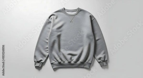 Fototapeta A plain grey crewneck sweatshirt lies flat against a white background, showcasing its simple and versatile design for everyday casual wear