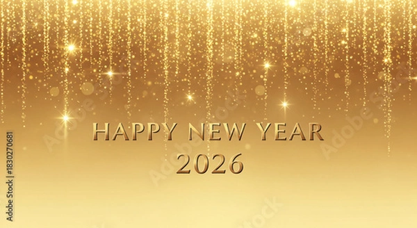 Fototapeta Golden glitter background with "Happy New Year 2026" text, festive and celebratory
