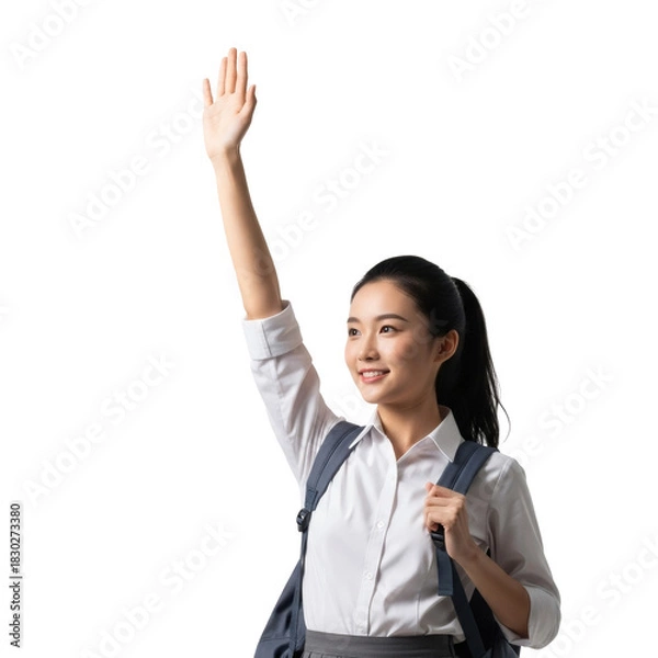 Fototapeta Asian Student Waving Hi with Hand Raised, Transparent Background