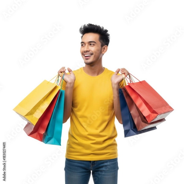 Fototapeta Excited Asian Man Carrying Shopping Bags and Looking Away to Copy Space