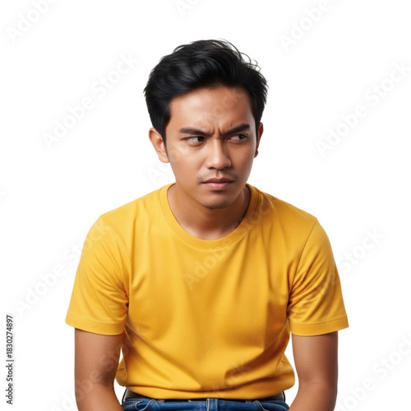 Fototapeta Angry or Skeptical Asian Man Frowning and Looking Away to the Side