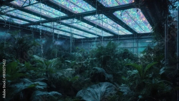 Obraz Lush interior greenhouse with iridescent ceiling