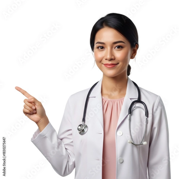 Obraz Smiling Female Doctor Pointing to Side and Presenting Copy Space
