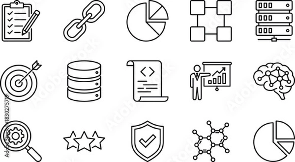 Fototapeta Data Analysis, Business Management, Technology, and Research Line Icon Set, Strategy, Brain, Coding, Database, SEO, and Security Outline Symbols Vector