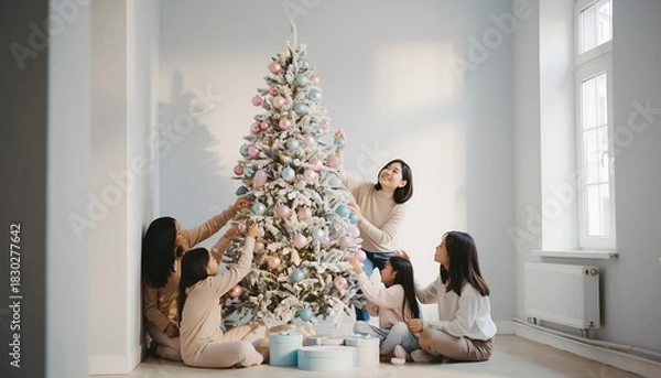 Obraz Family Decorating a Large Beautifully Ornamented Artificial Christmas Tree Indoors