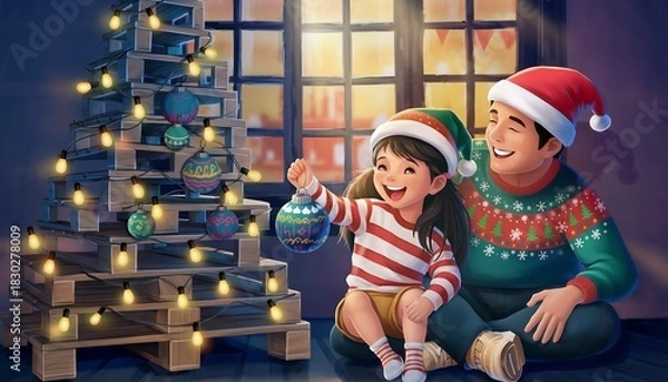 Obraz Father and Daughter Decorating Unique Upcycled Pallet Christmas Tree Indoors