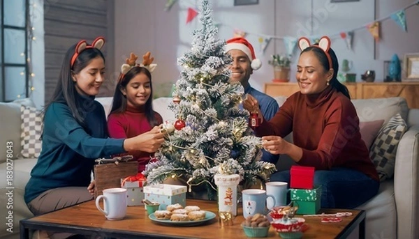 Obraz Joyful Family Decorating Seasonal Miniature Tree Indoors for Holiday Celebration