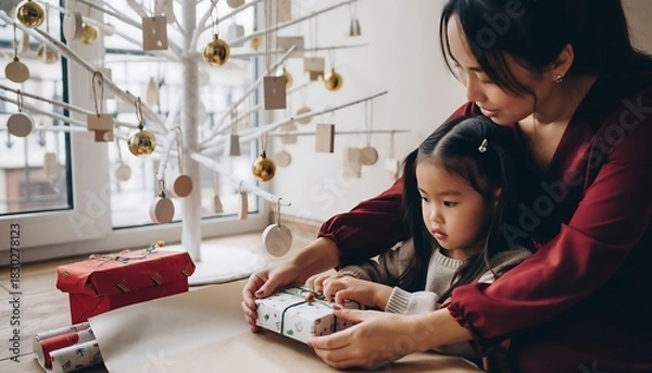 Obraz Mother and Child Wrapping Holiday Gifts Together Near Minimalist Decorative Tree