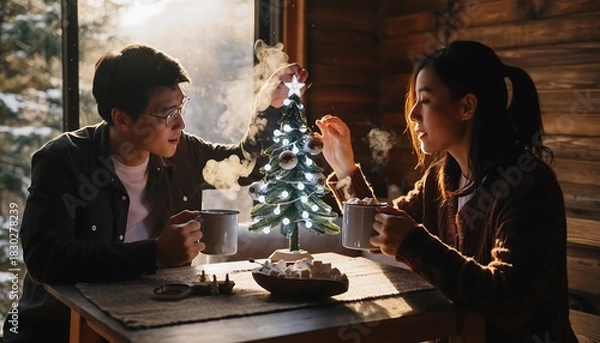 Obraz Cozy Couple Enjoying Hot Drinks by Window in Rustic Winter Cabin with Festive Lights