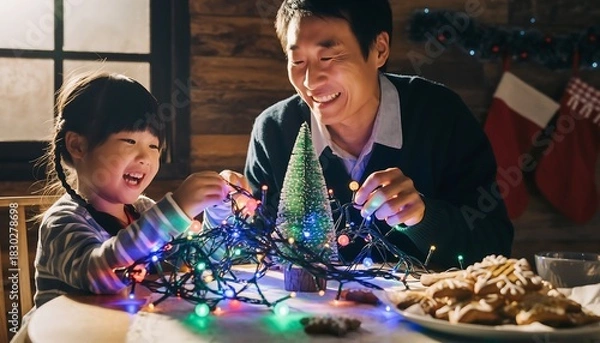 Obraz Joyful Father and Child Decorating Miniature Festive Tree with Colorful Lights Indoors