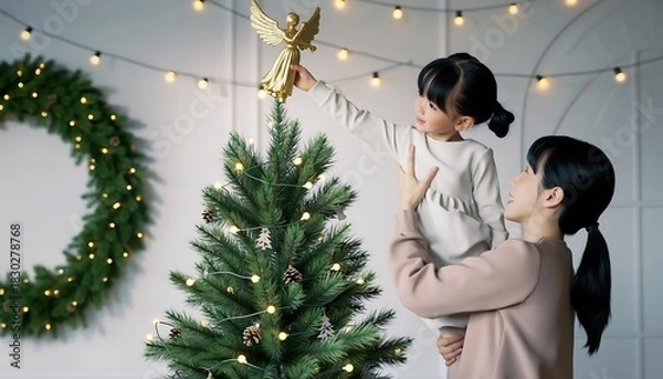 Obraz Mother and Child Decorating Festive Holiday Tree with Angel Topper