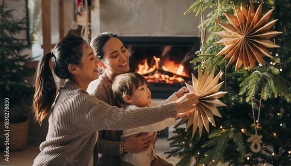 Obraz Family Decorating Festive Holiday Tree Together by Cozy Fireplace