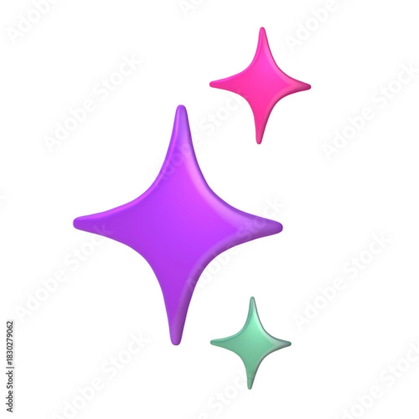 Obraz A 3D stylized cluster of three four-pointed stars in purple, pink, and mint green representing a sparkle effect.